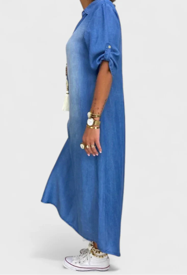 Lea | Lang Kjole i Denimlook med Sideslids