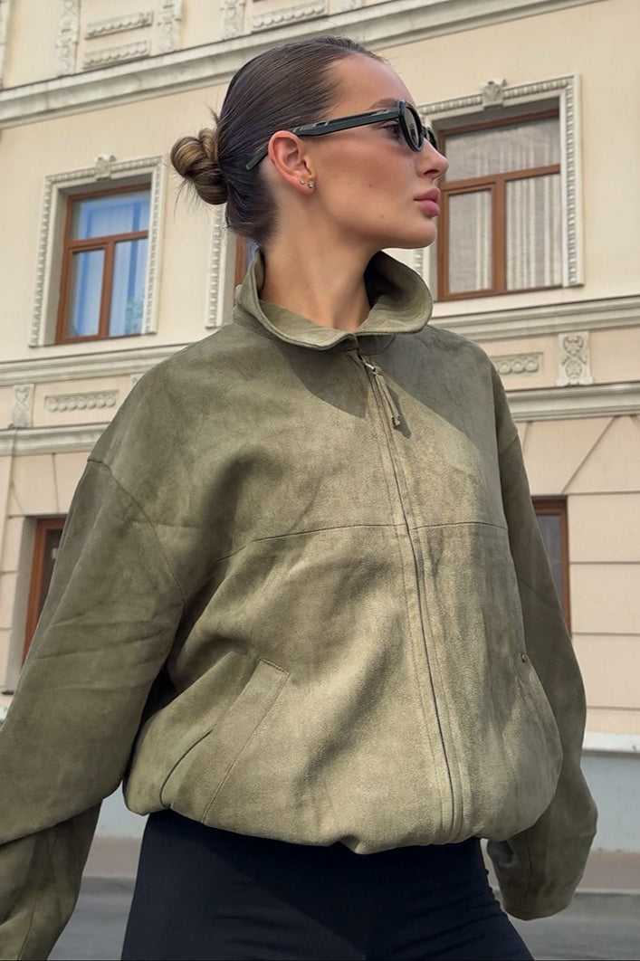 Casual Green Suede Collar Jacket