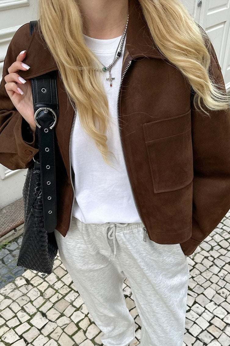 Collared Zipper Faux Suede Jacket