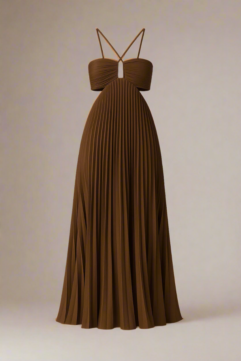 SOFIE KJOLE | Lang plisseret kjole med krydsstropper og struktureret bryst