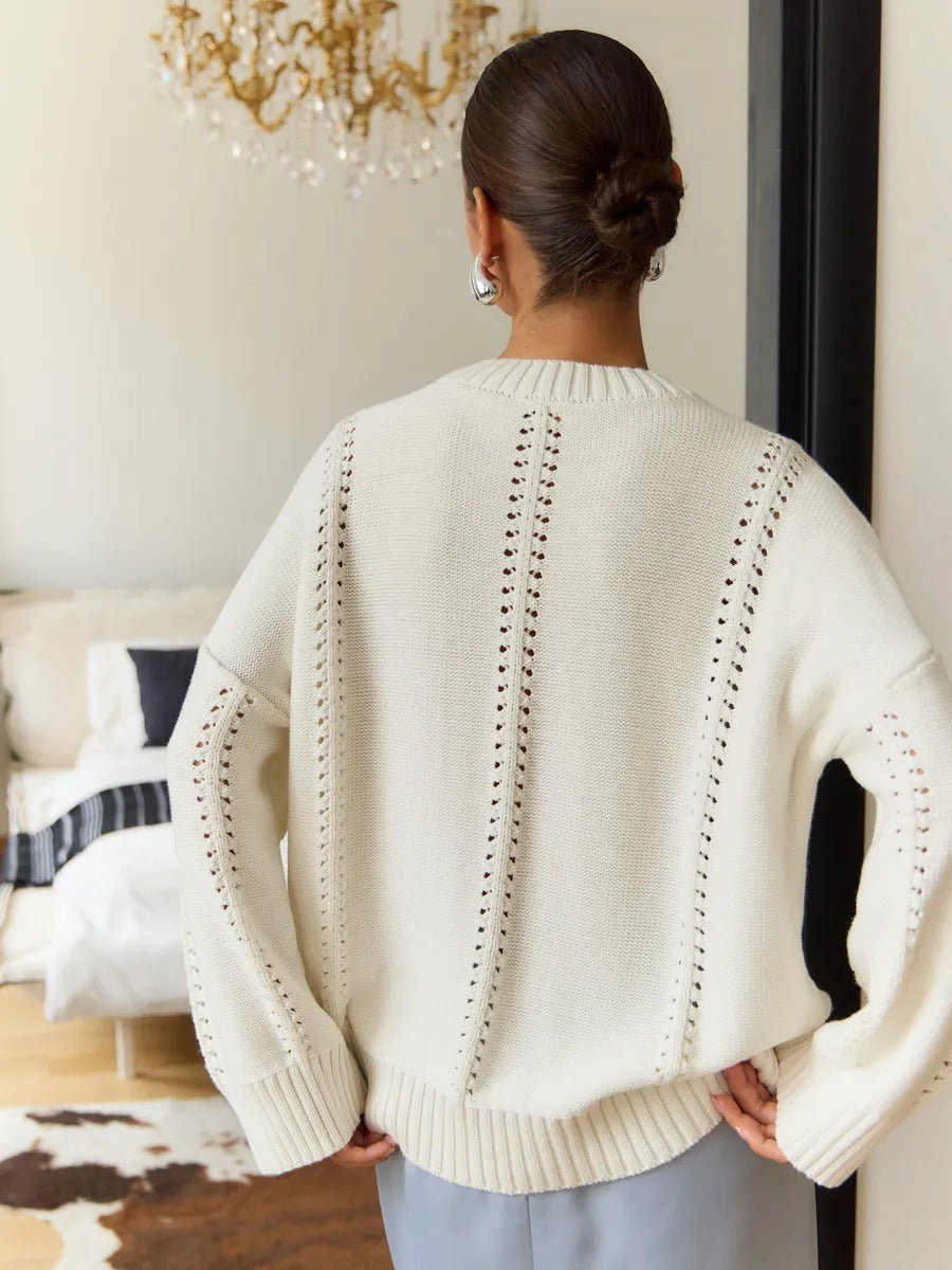 Casual Hollow Knit Crewneck Sweater