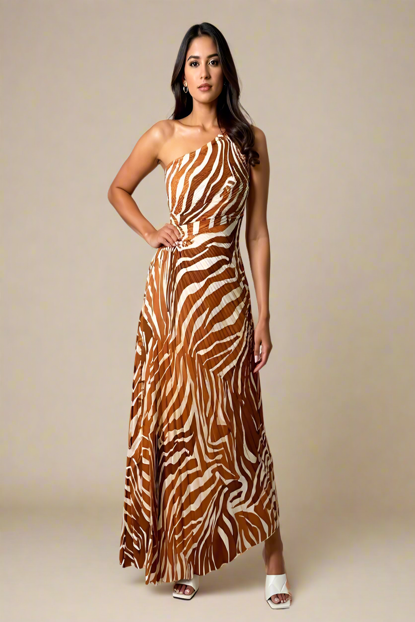 Alva Kjole | Plisseret one-shoulder kjole med zebramønster