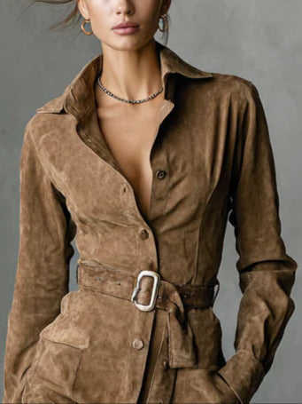 Ruskinds Midi-Kjole med Revers og Lange Ærmer