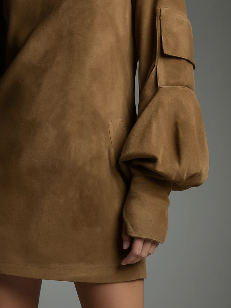 Vintage Suede Mini Kjole med Høj Krave