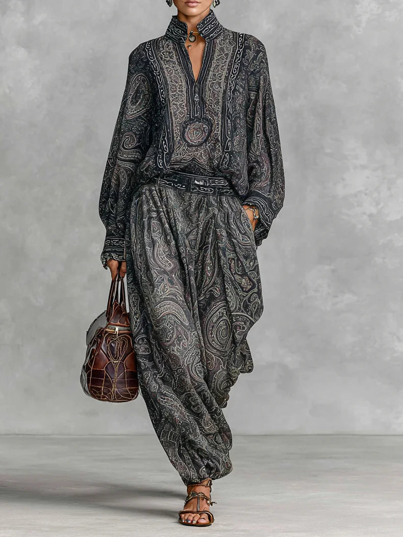 To-delt Sæt med Vintage Paisley Print: Langærmet Skjorte og Bukser