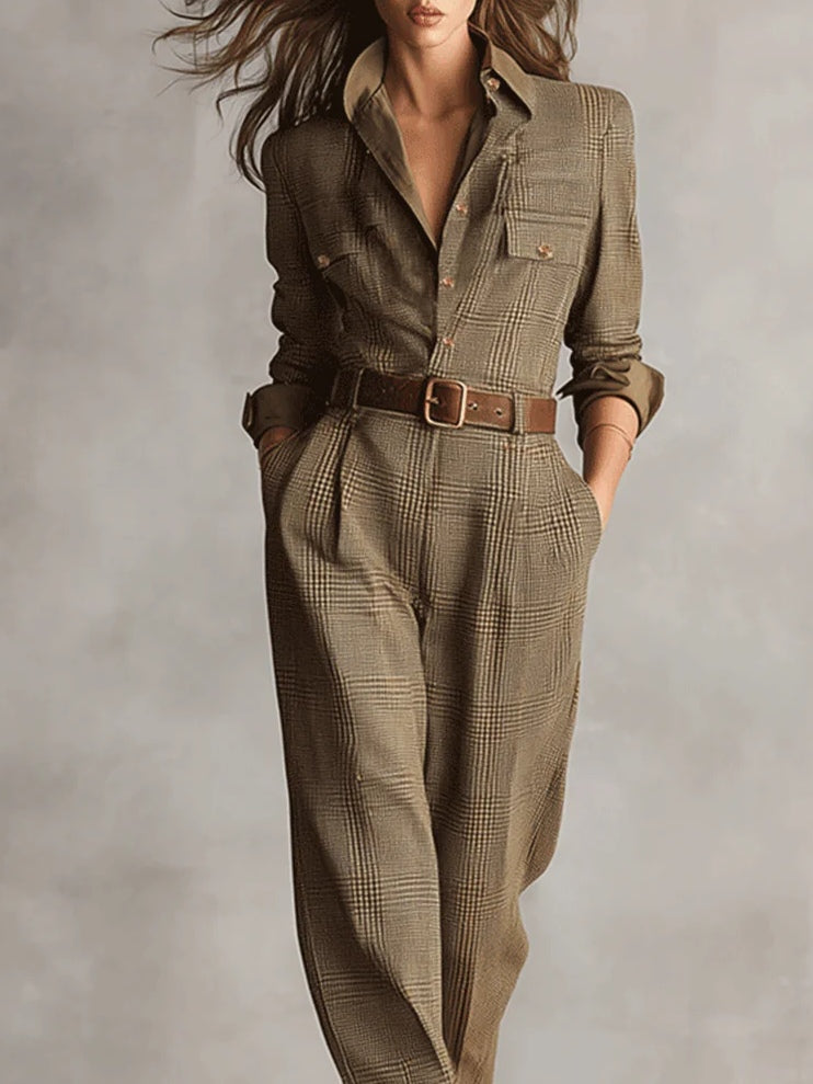 Elegant Brown Tweed Utility Jumpsuit