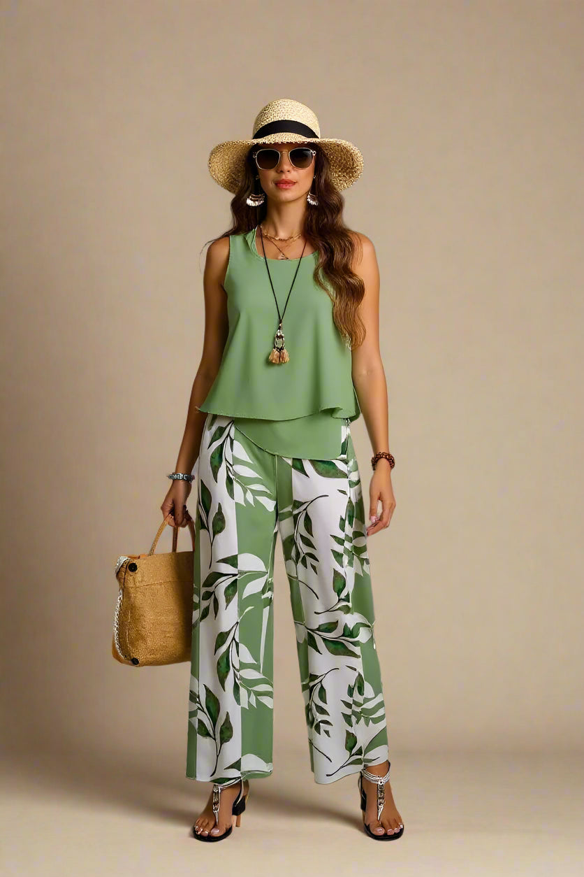 Sæt Elise | Mønstrede Bukser + Ensfarvet Top