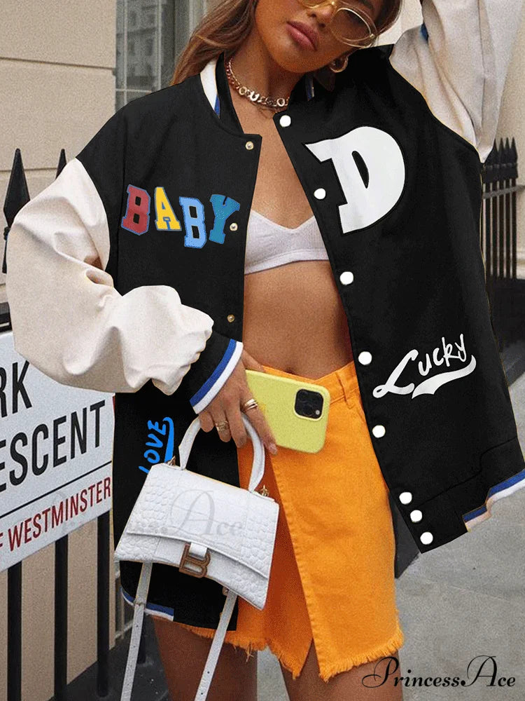 Color Block Graceful Baseball Jacket