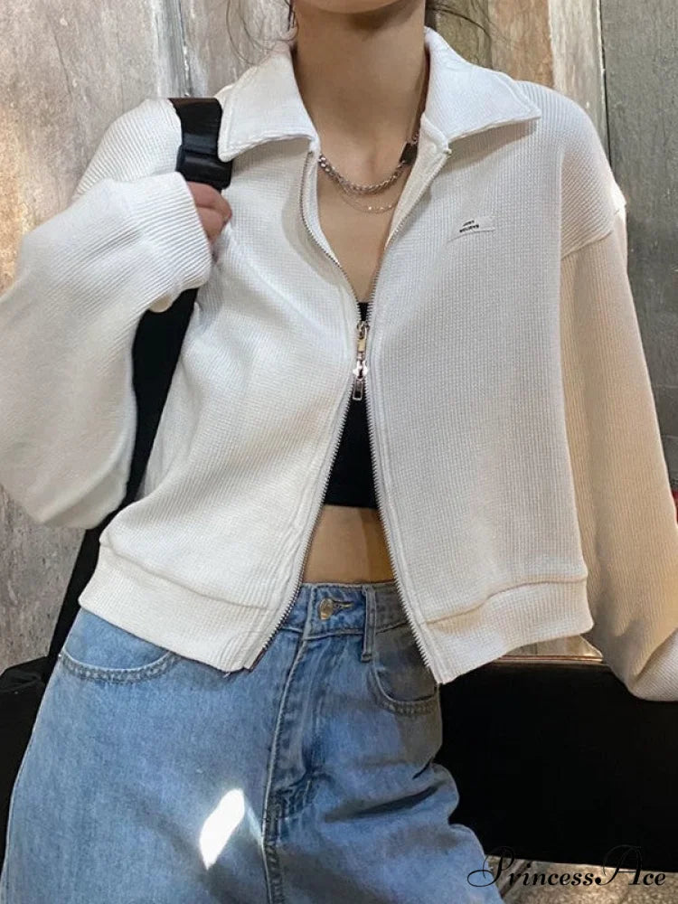 Cropped White Graceful Zip-Up Hoodie