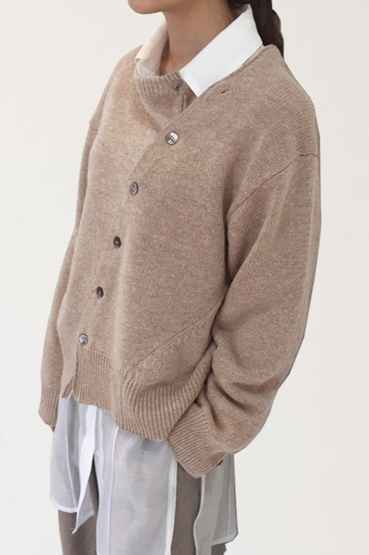 Asymmetrical Button Round Neck Knit Sweater