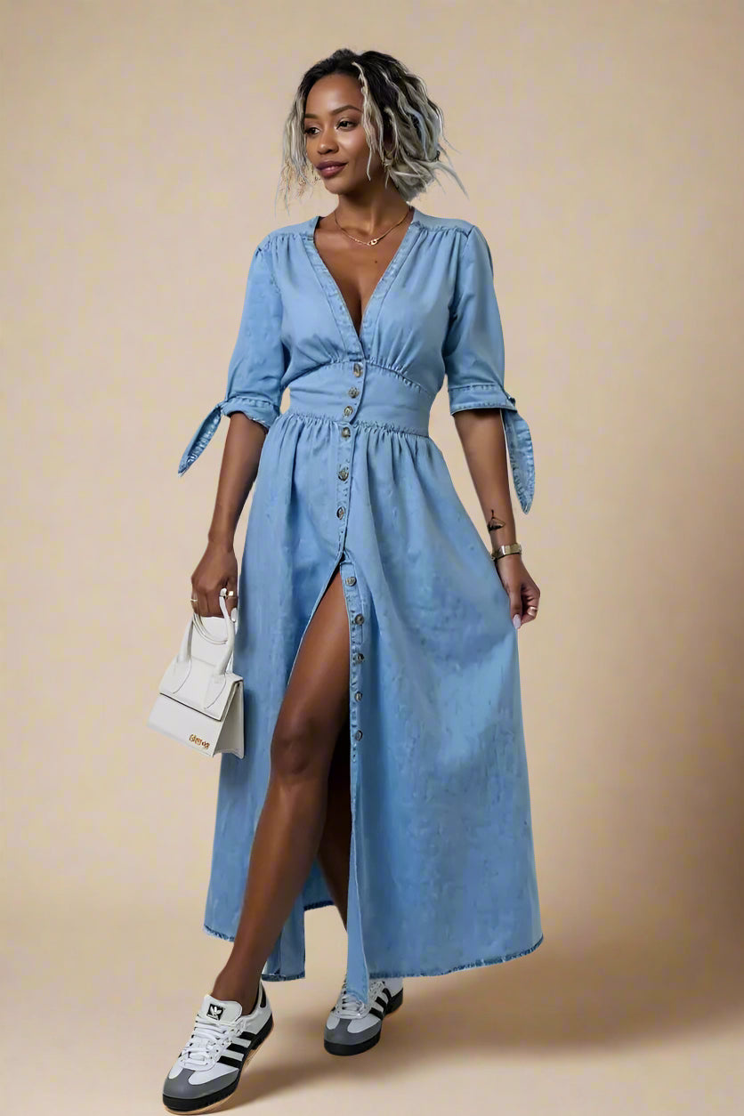 Celina Kjole | Lang denimkjole med knapper og markeret talje